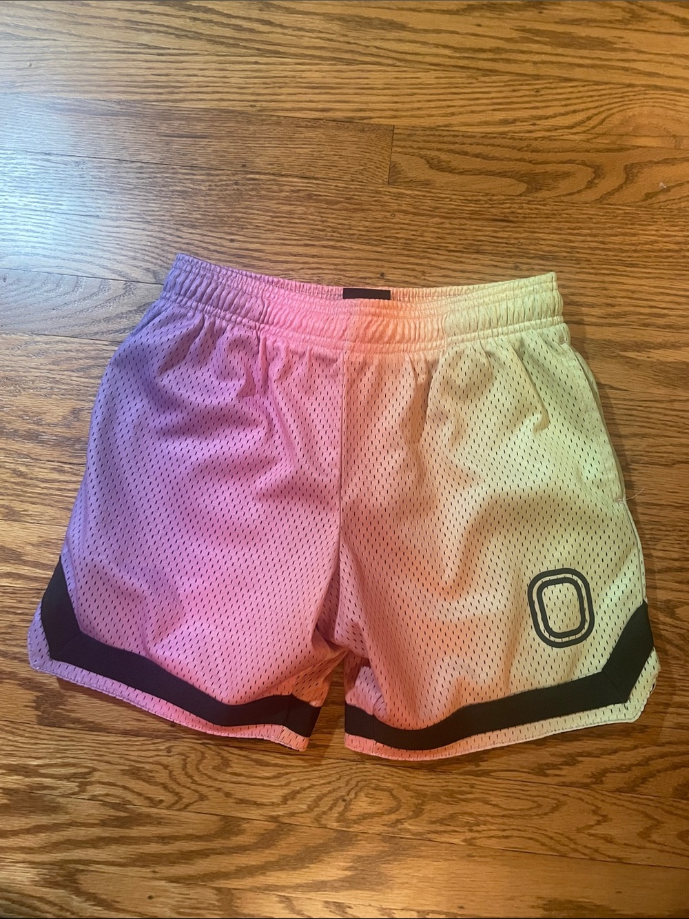 Ombre Pink to Yellow Mesh Athletic Shorts with Contrast Trim